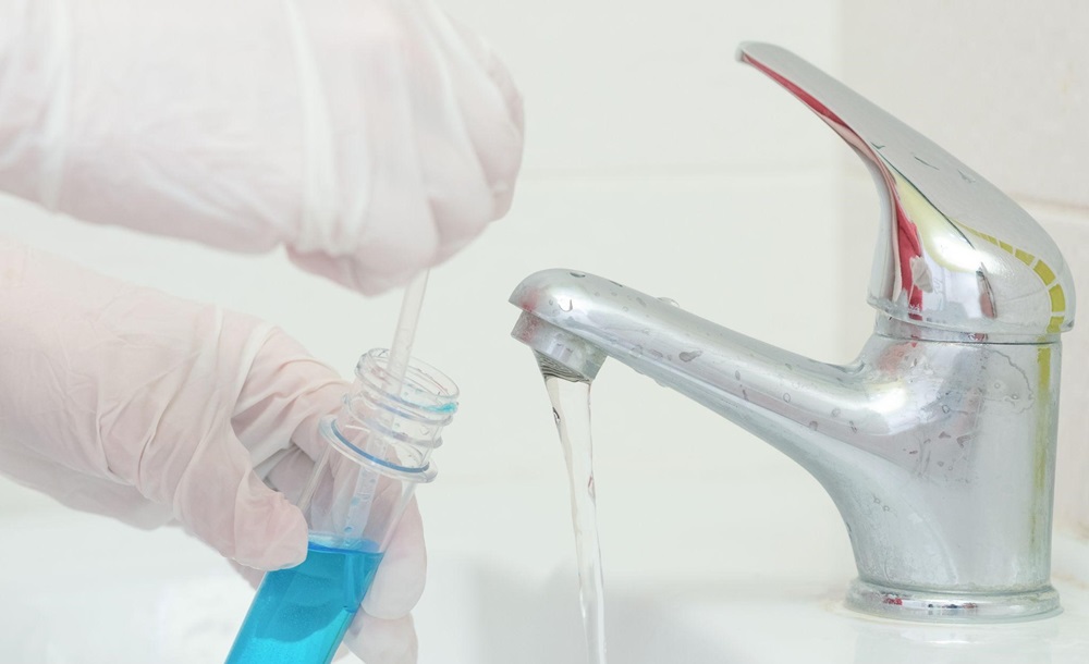 سختی آب چیست؟ راهنمای کامل برای درک و مدیریت آب سخت 35 Gloved hands performing a tap water analysis